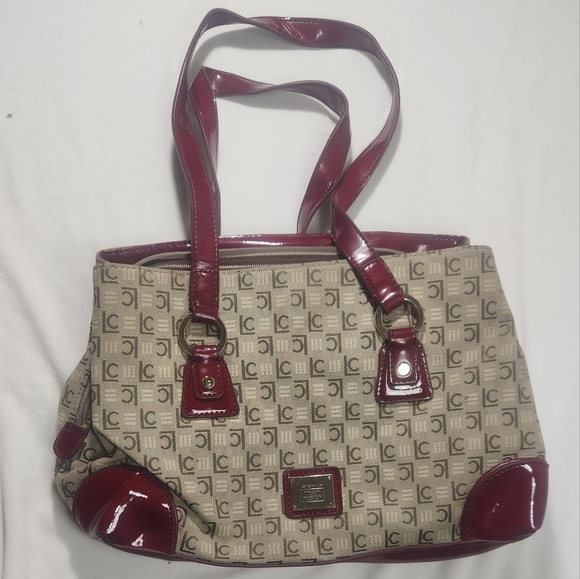Liz Claiborne Handbag Burgandy & Canvas - Picture 1 of 5